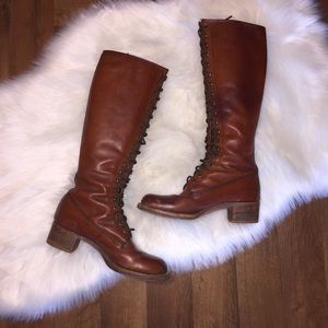 Frye Tall Lace Up Brown Heeled Boots